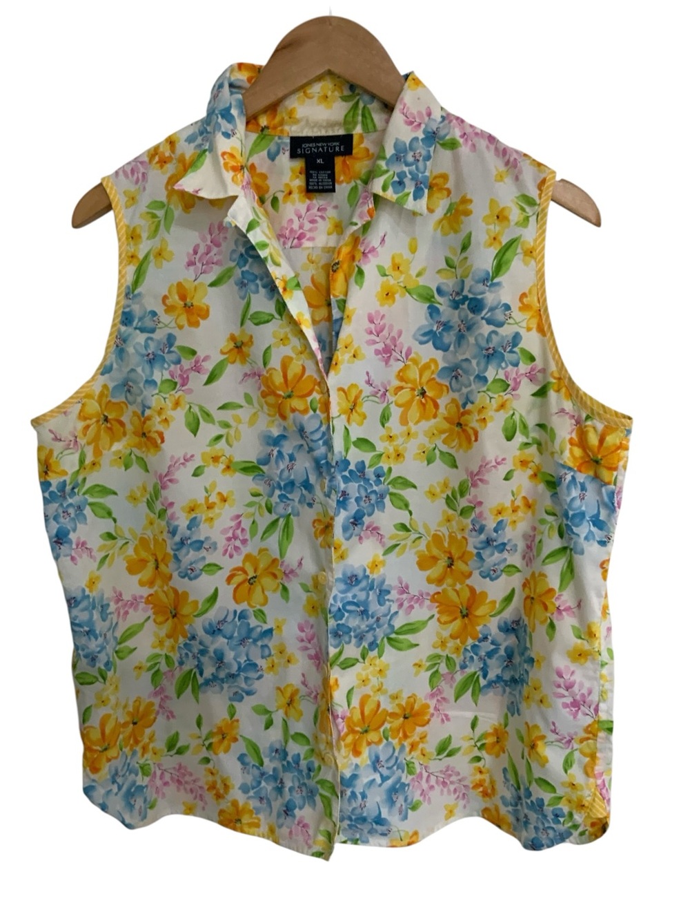 Jones New York Sleeveless Floral Button-Down Blouse - Yellow & Blue XL